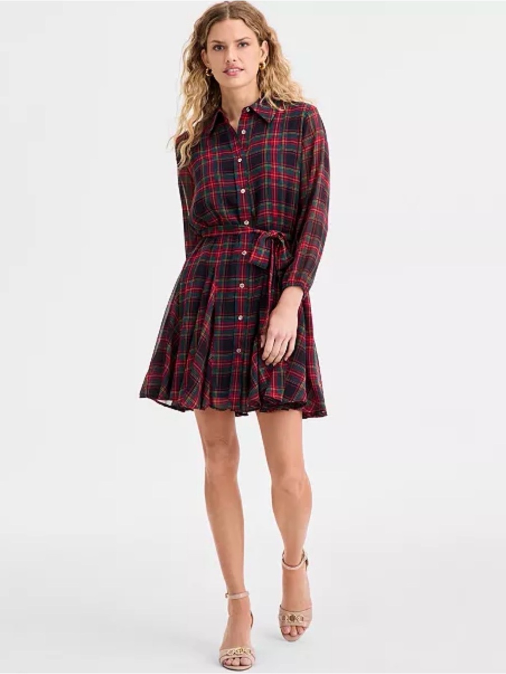 Tommy Hilfiger Red and Black Plaid Shirt Dress with Tie Waist